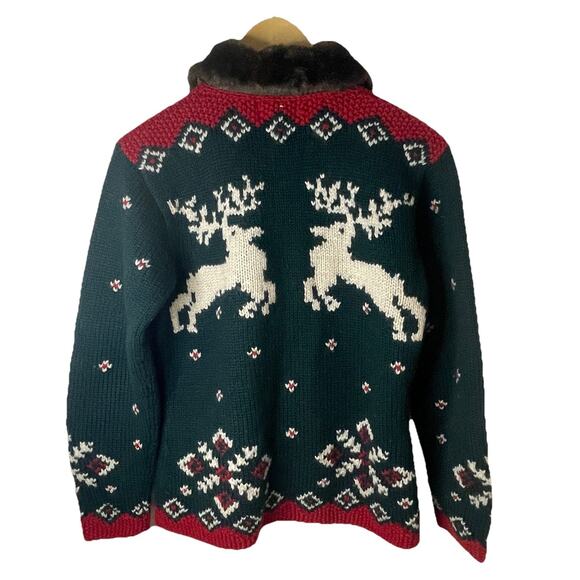VTG Ralph Lauren Handknit Reindeer Wool Sweater Cardigan Faux Fur Holiday Sz S/M - Picture 2 of 16